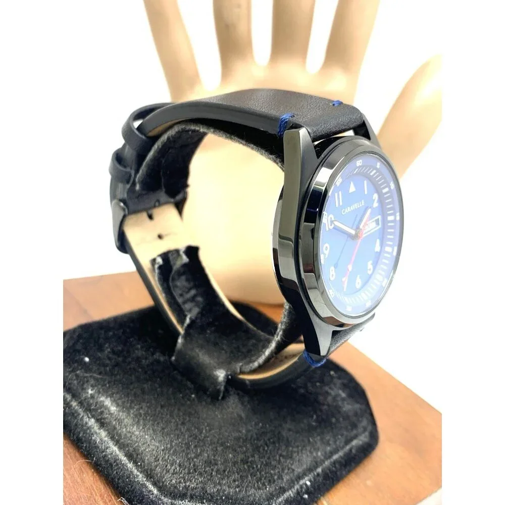Caravelle by Bulova Men's Watch 45C118 Quartz Blue Dial Black Leather Band 40mm